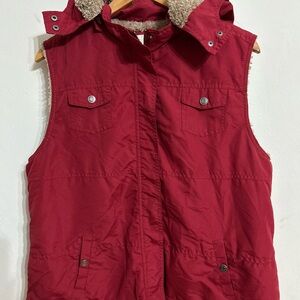 Sonoma Life Style Women Red Hooded Vest Fleece Zipper Pockets Size XL